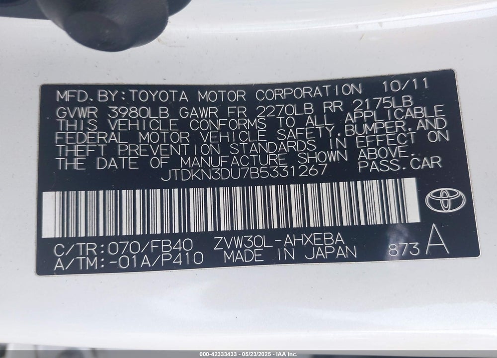 2011 TOYOTA PRIUS VIN: JTDKN3DU7B5331267
