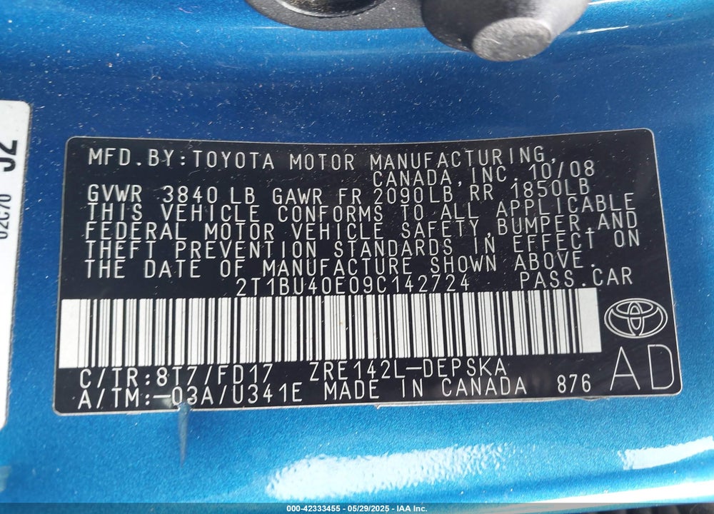 2009 TOYOTA COROLLA VIN: 2T1BU40E09C142724
