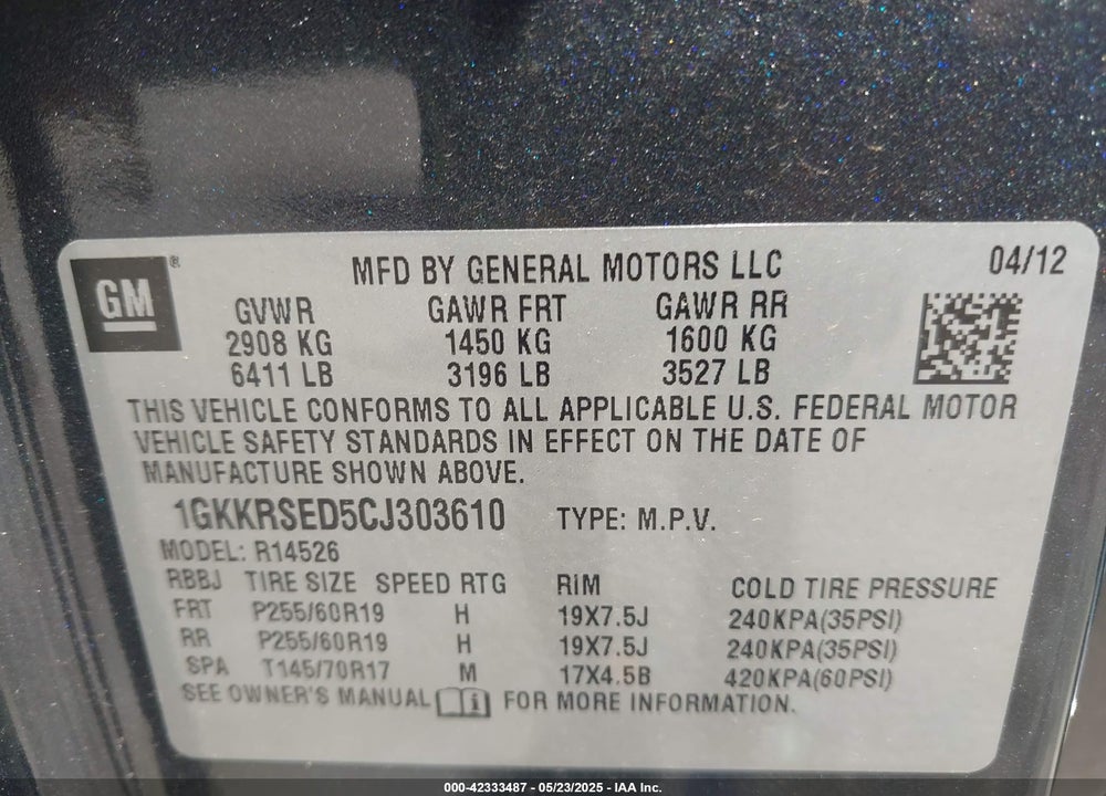 2012 GMC ACADIA VIN: 1GKKRSED5CJ303610