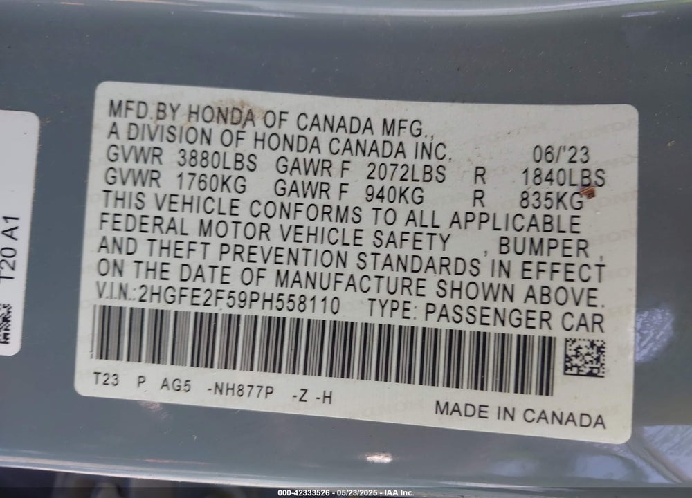 2023 HONDA CIVIC VIN: 2HGFE2F59PH558110