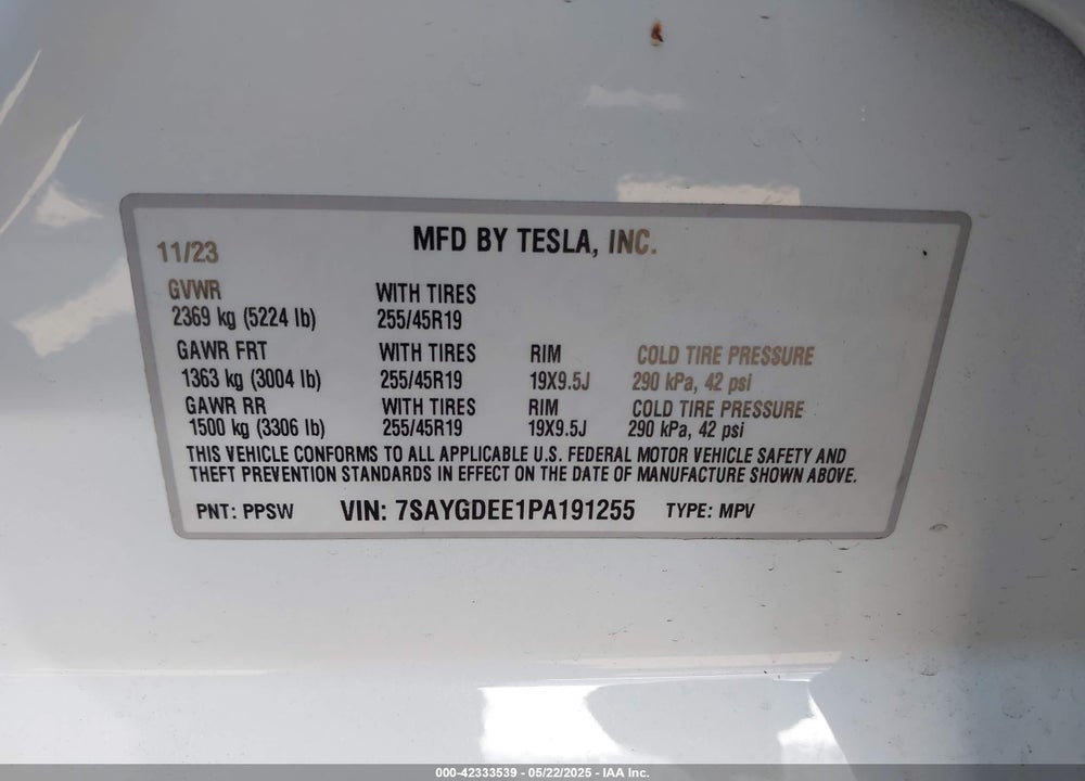 2023 TESLA MODEL Y VIN: 7SAYGDEE1PA191255