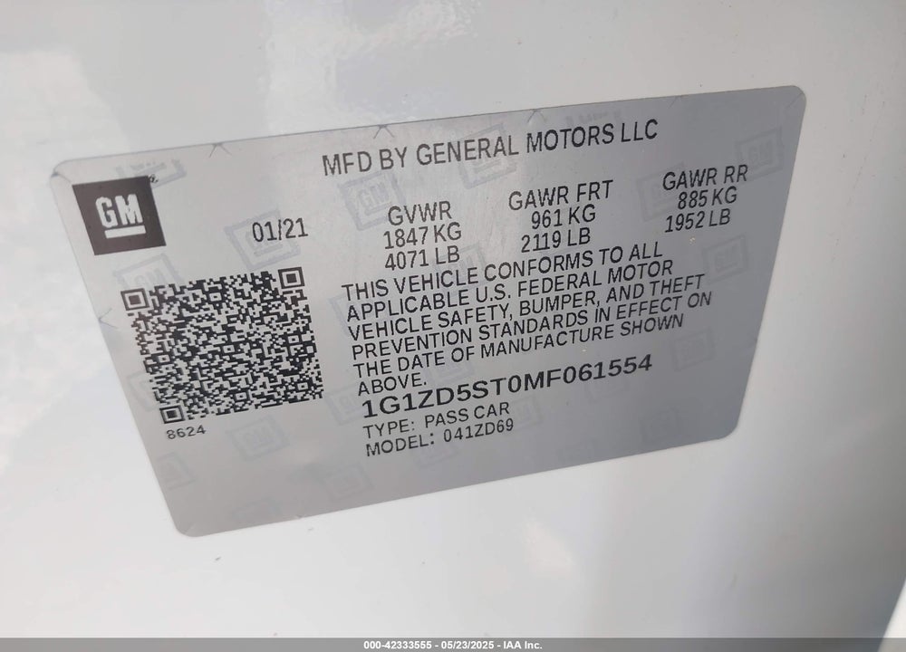 2021 CHEVROLET MALIBU FWD LT VIN: 1G1ZD5ST0MF061554
