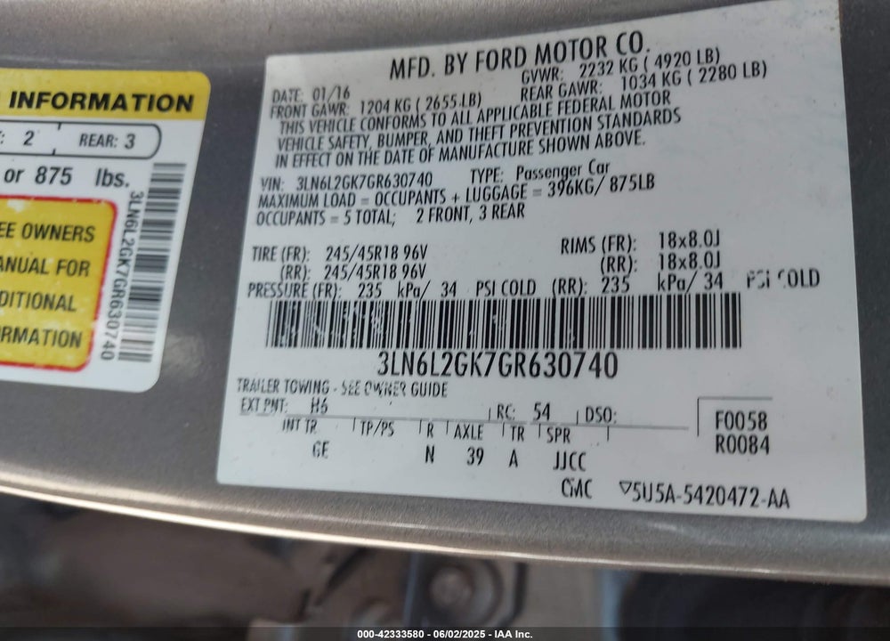 2016 LINCOLN MKZ VIN: 3LN6L2GK7GR630740