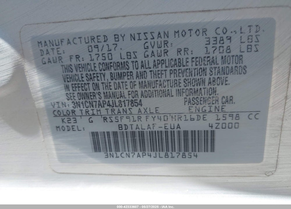 2018 NISSAN VERSA 1.6 S+ VIN: 3N1CN7AP4JL817854
