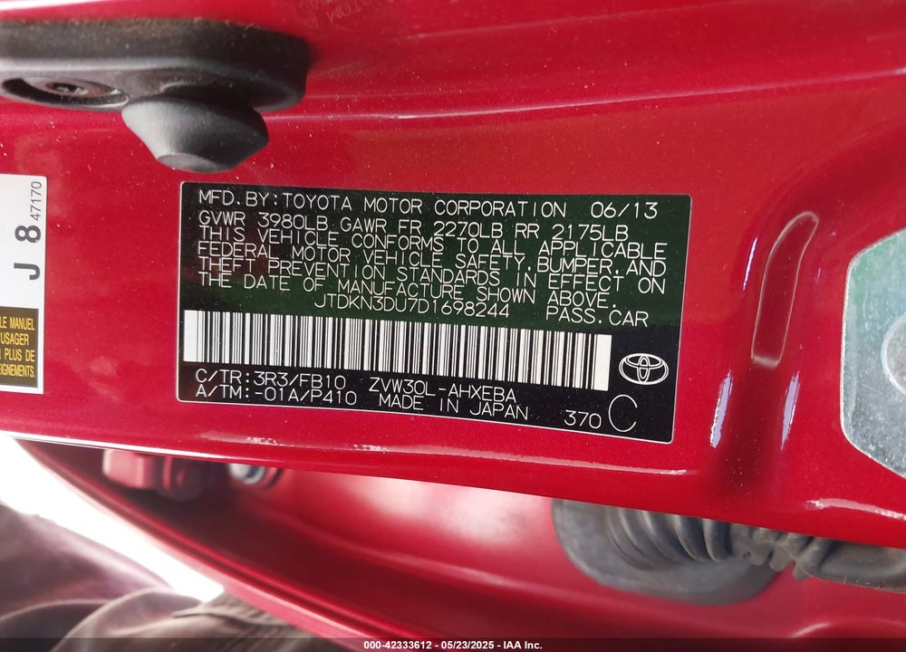 2013 TOYOTA PRIUS TWO VIN: JTDKN3DU7D1698244