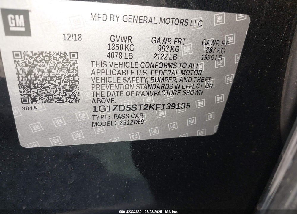 2019 CHEVROLET MALIBU LT VIN: 1G1ZD5ST2KF139135
