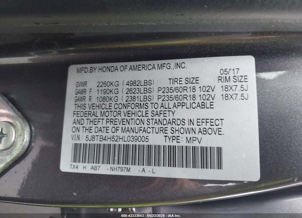 2017 ACURA RDX VIN: 5J8TB4H52HL039005