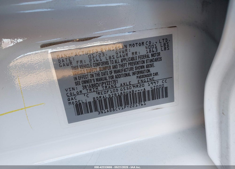 2023 NISSAN SENTRA VIN: 3N1AB8CV1PY221761