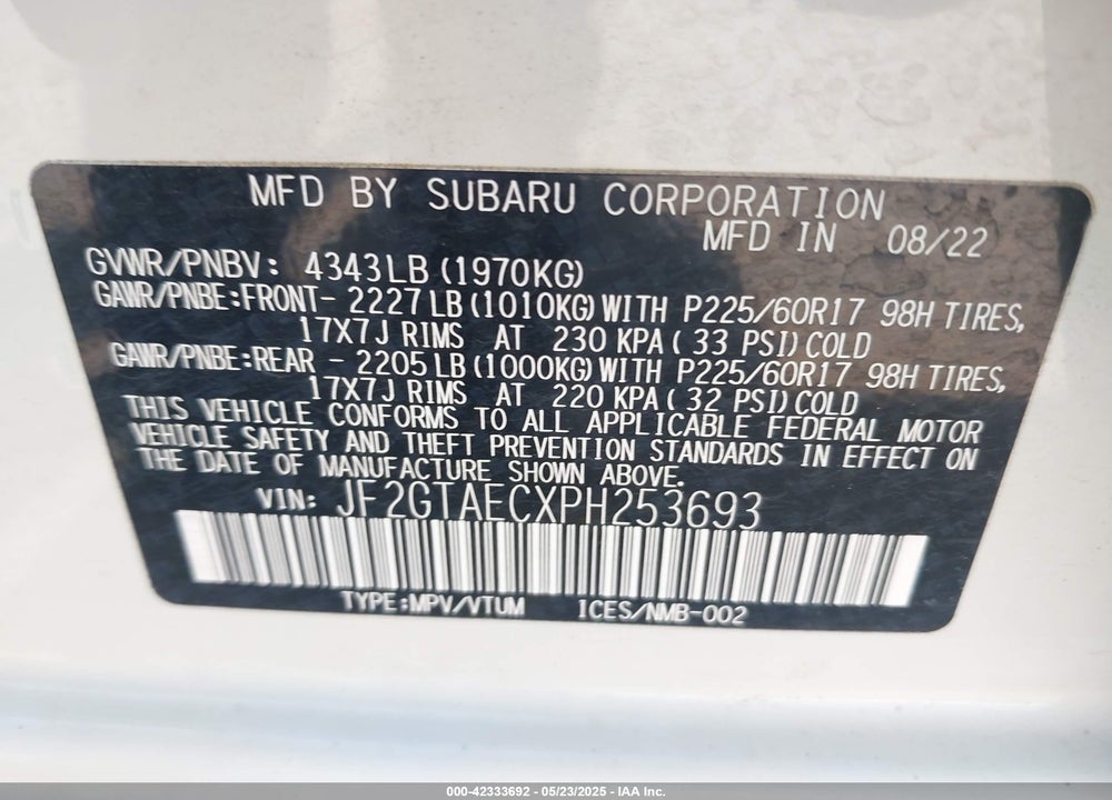 2023 SUBARU CROSSTREK VIN: JF2GTAECXPH253693