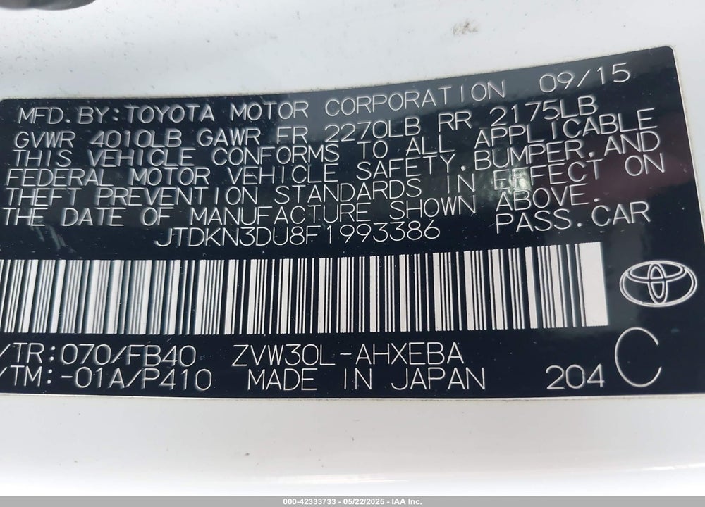 2015 TOYOTA PRIUS TWO VIN: JTDKN3DU8F1993386