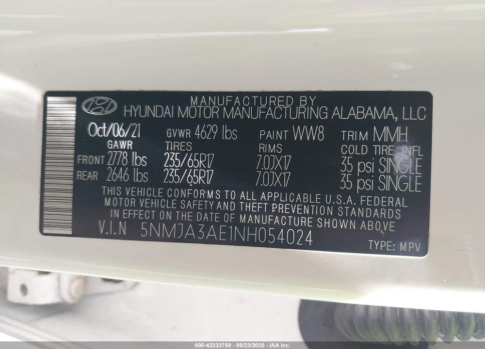 2022 HYUNDAI TUCSON VIN: 5NMJA3AE1NH054024
