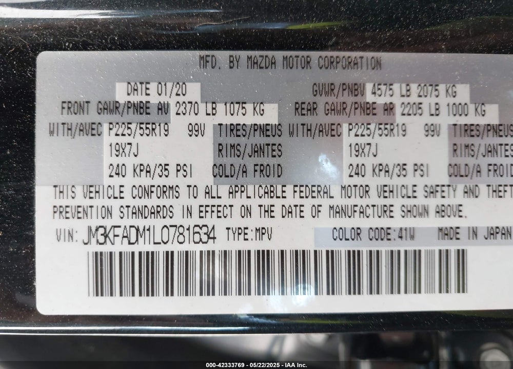 2020 MAZDA CX-5 VIN: JM3KFADM1L0781634