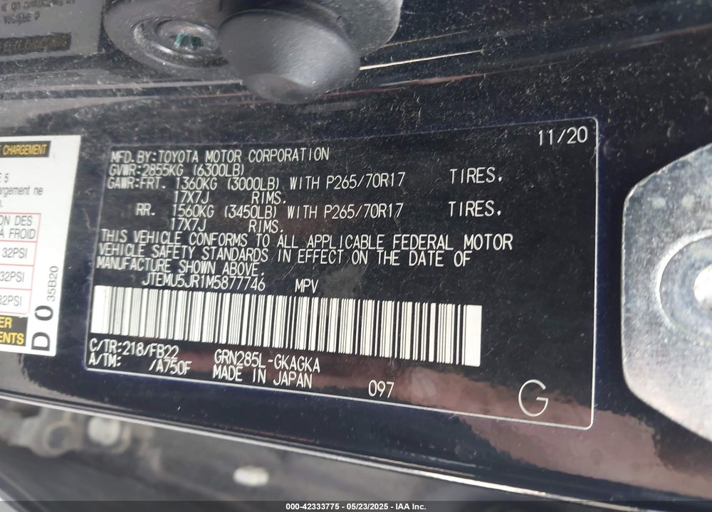 2021 TOYOTA 4RUNNER SR5 VIN: JTEMU5JR1M5877746