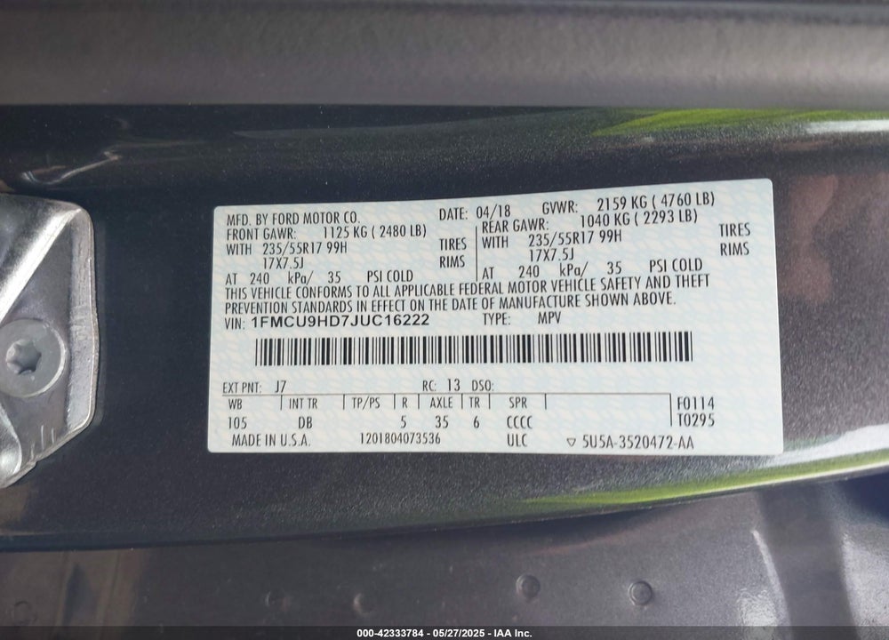 2018 FORD ESCAPE SEL VIN: 1FMCU9HD7JUC16222