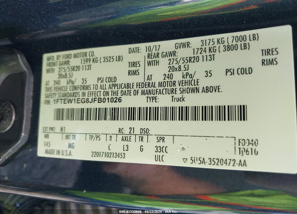 2018 FORD F-150 VIN: 1FTEW1EG8JFB01026