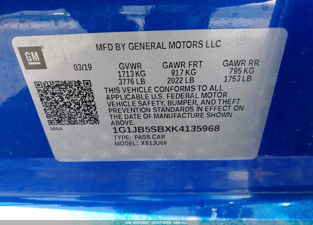 2019 CHEVROLET SONIC LS AUTO VIN: 1G1JB5SBXK4135968
