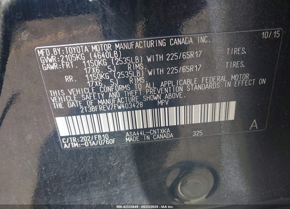 2015 TOYOTA RAV4 VIN: 2T3BFREV7FW403428
