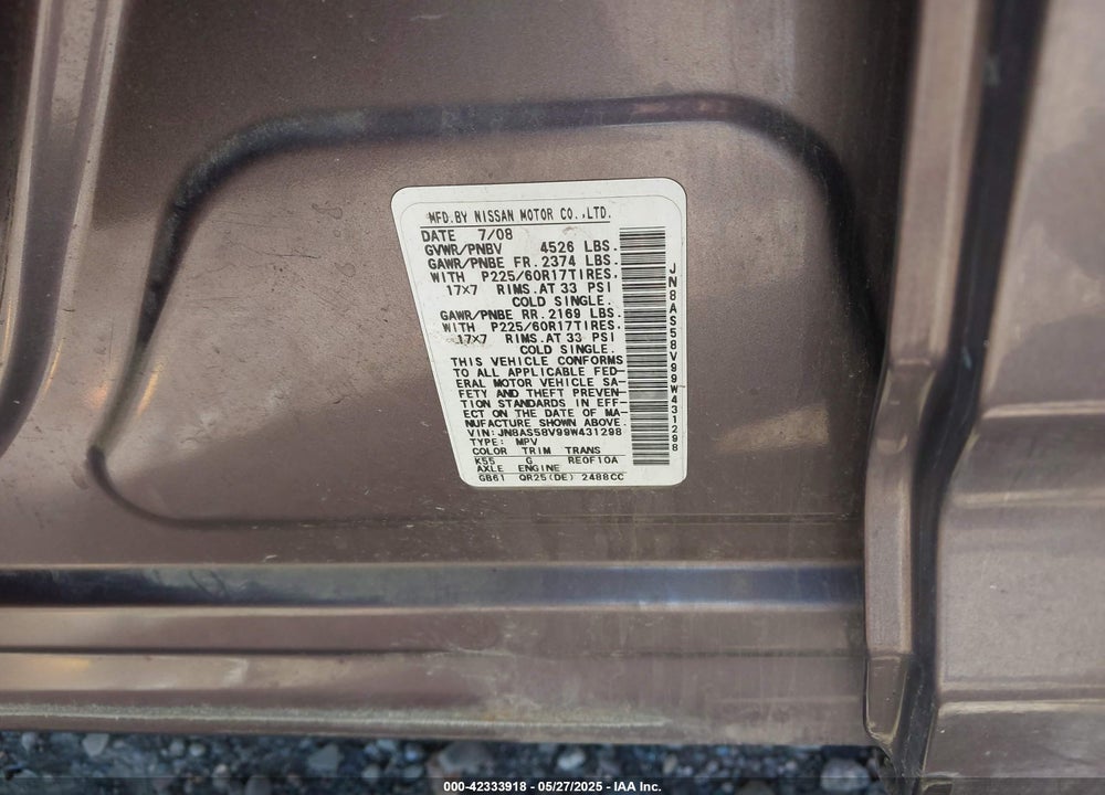 2009 NISSAN ROGUE VIN: JN8AS58V99W431298
