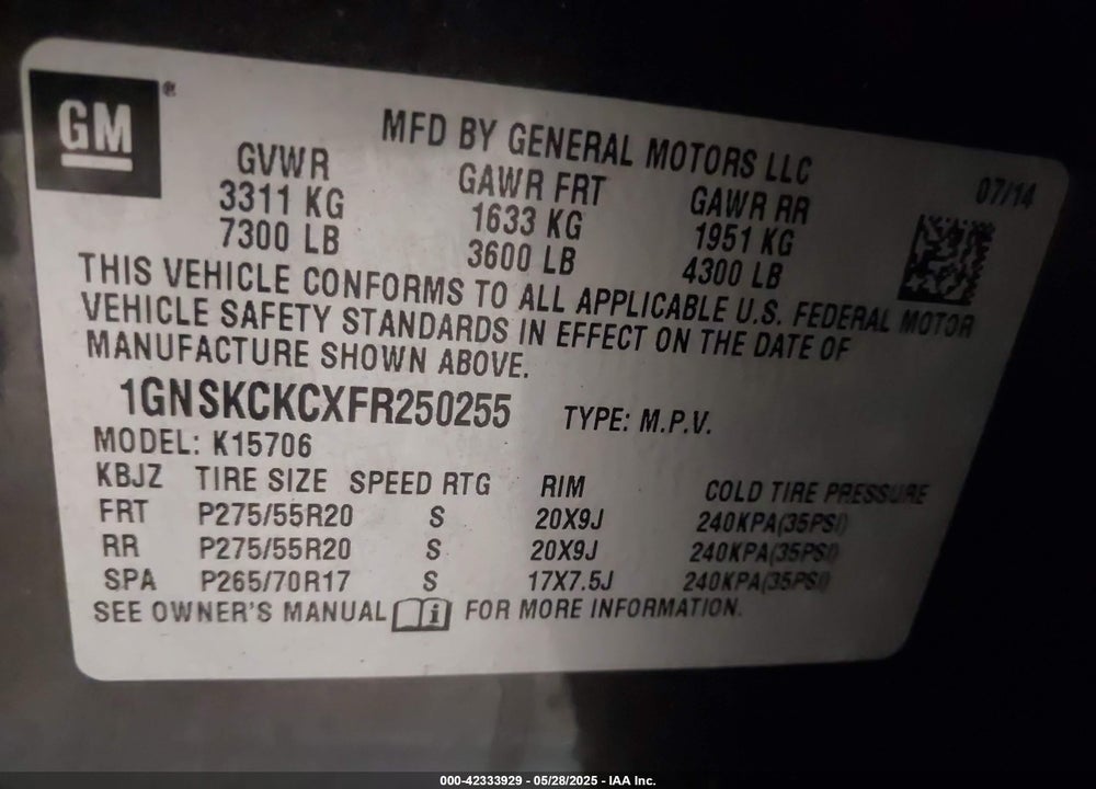 2015 CHEVROLET TAHOE LTZ VIN: 1GNSKCKCXFR250255