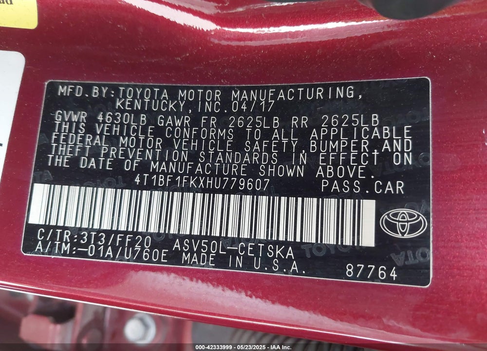 2017 TOYOTA CAMRY VIN: 4T1BF1FKXHU779607