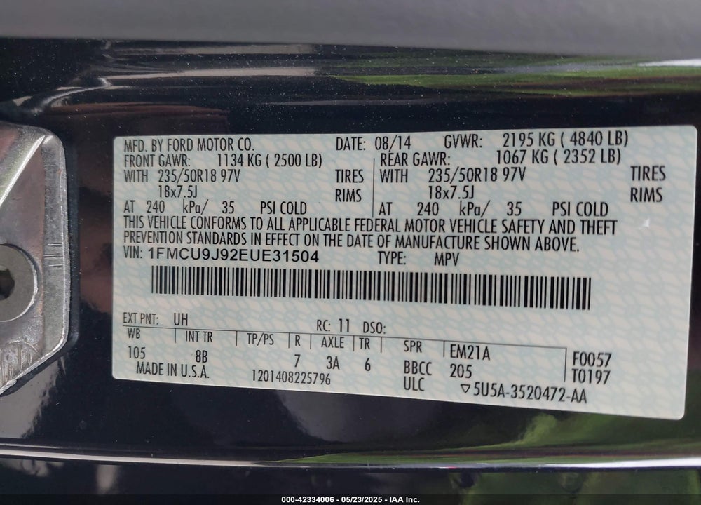 2014 FORD ESCAPE VIN: 1FMCU9J92EUE31504