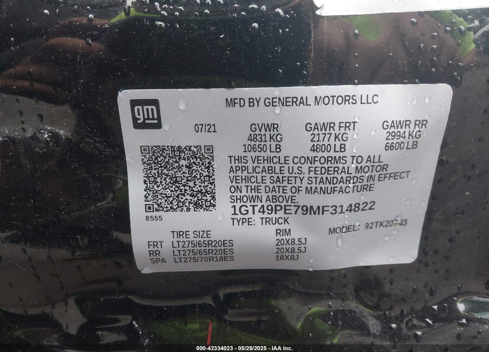 2021 GMC SIERRA 2500HD 4WD STANDARD BED AT4 VIN: 1GT49PE79MF314822