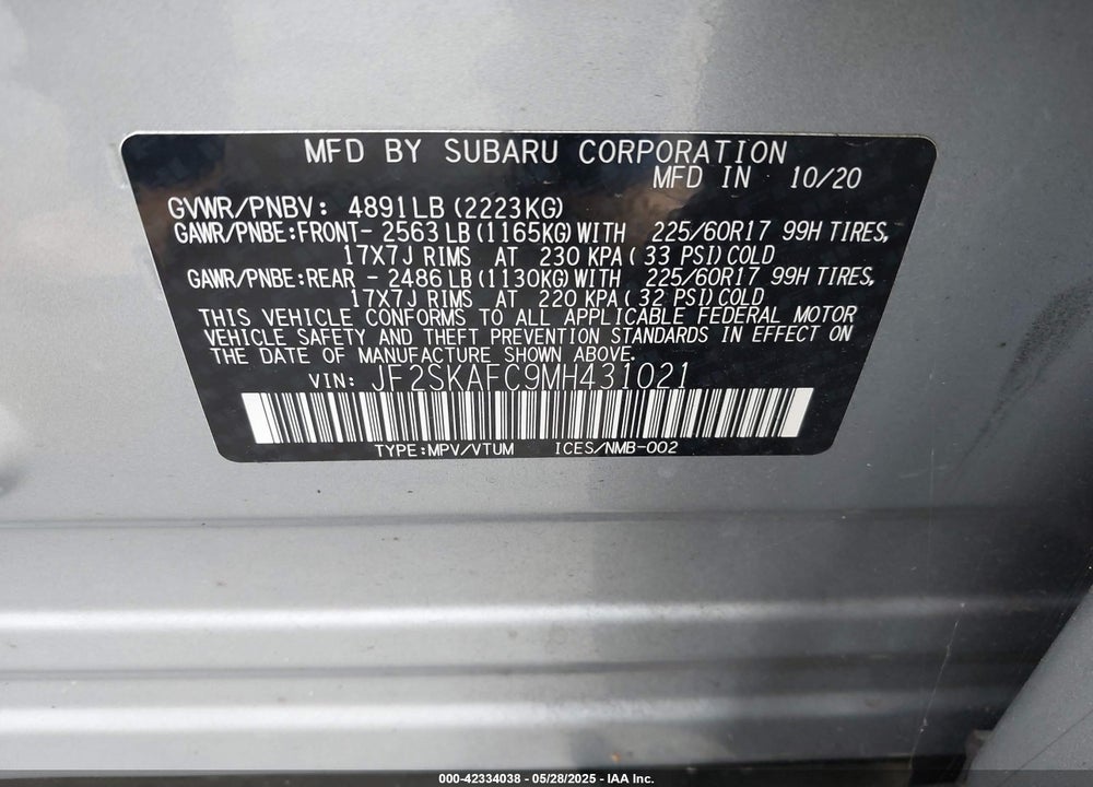 2021 SUBARU FORESTER PREMIUM VIN: JF2SKAFC9MH431021