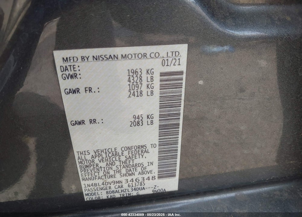 2021 NISSAN ALTIMA VIN: 1N4BL4DV9MN346348