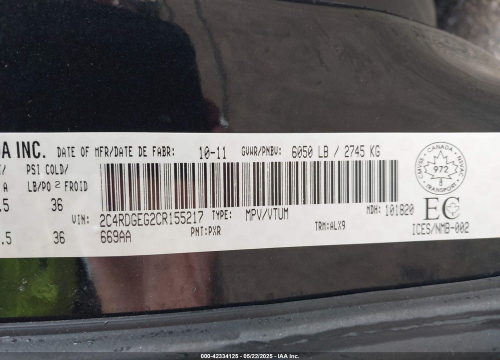 2012 DODGE GRAND CARAVAN R/T VIN: 2C4RDGEG2CR155217