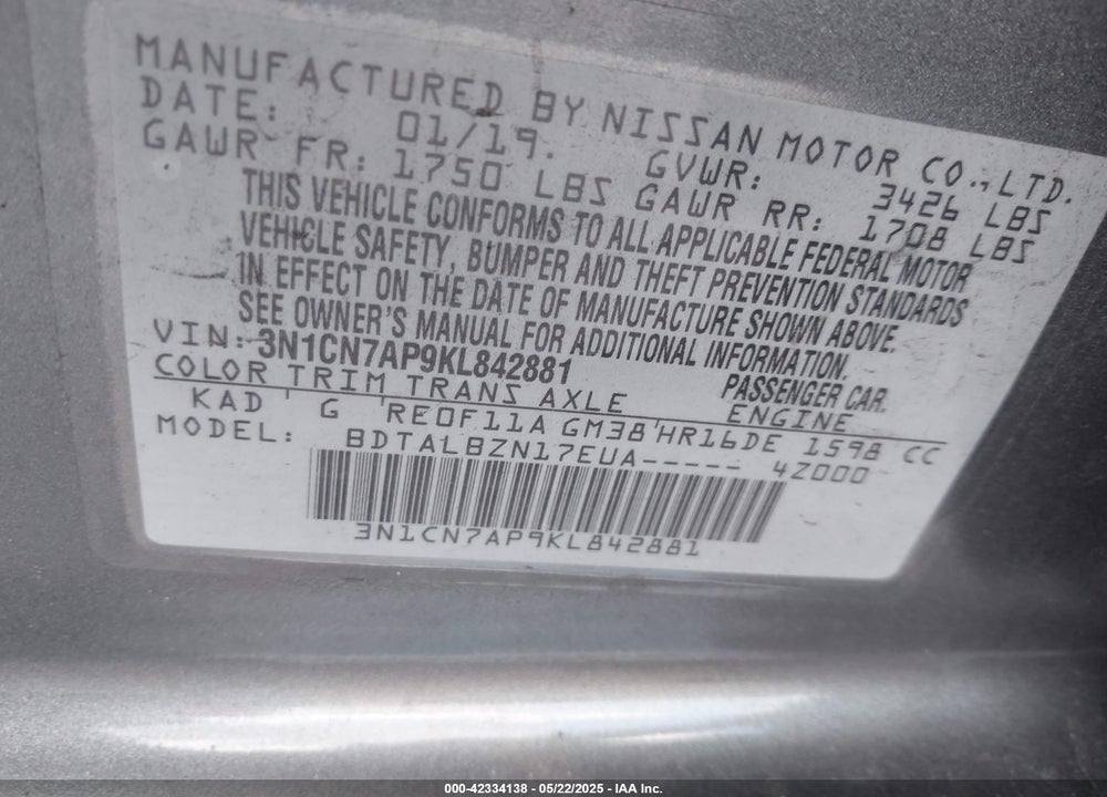 2019 NISSAN VERSA VIN: 3N1CN7AP9KL842881