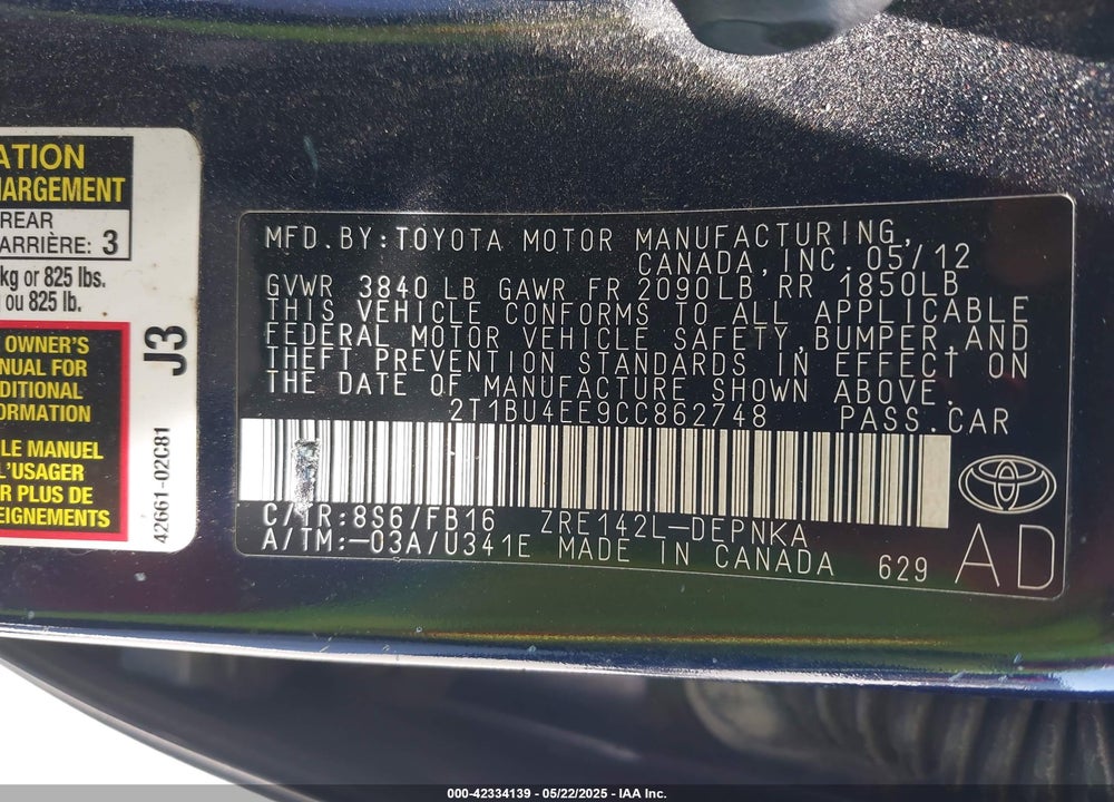 2012 TOYOTA COROLLA VIN: 2T1BU4EE9CC862748