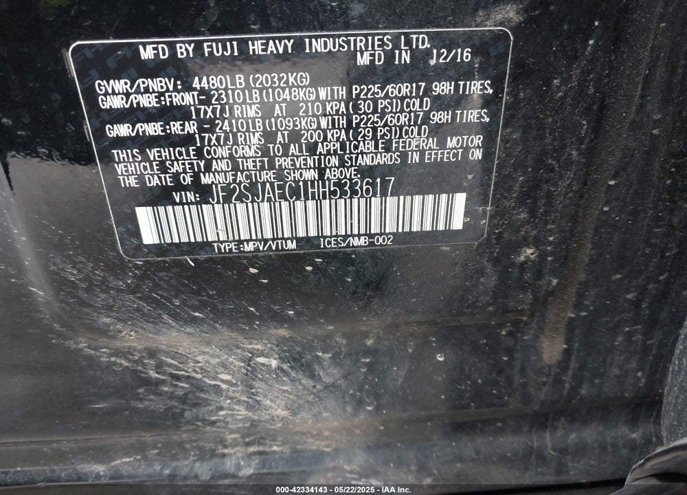 2017 SUBARU FORESTER VIN: JF2SJAEC1HH533617