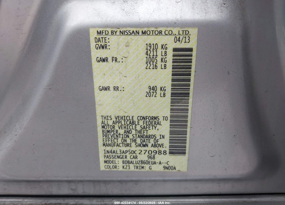 2013 NISSAN ALTIMA VIN: 1N4AL3AP5DC270988