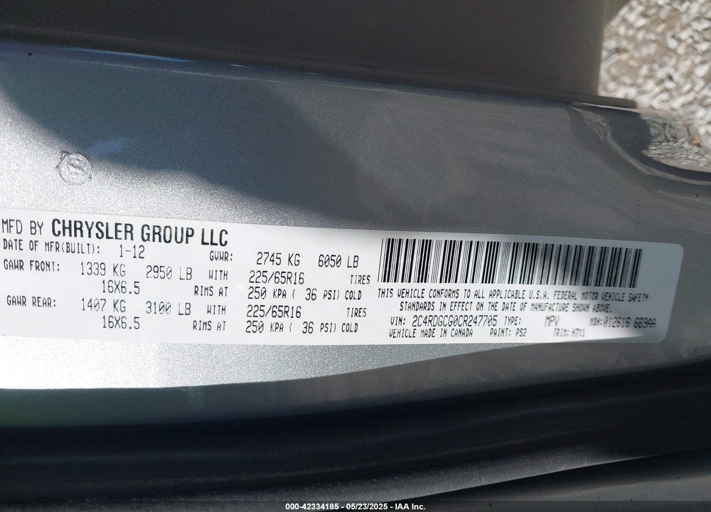 2012 DODGE GRAND CARAVAN SXT VIN: 2C4RDGCG0CR247705