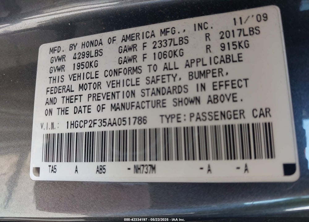 2010 HONDA ACCORD VIN: 1HGCP2F35AA051786
