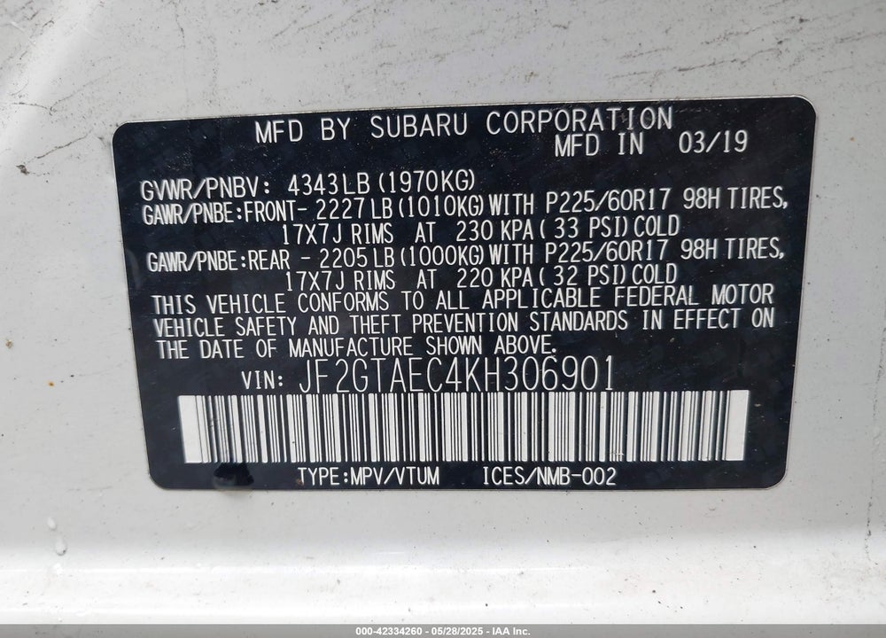 2019 SUBARU CROSSTREK 2.0I PREMIUM VIN: JF2GTAEC4KH306901