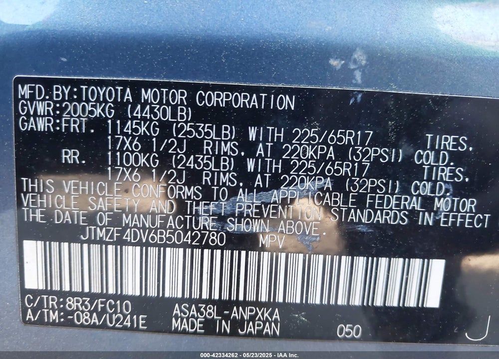 2011 TOYOTA RAV4 VIN: JTMZF4DV6B5042780