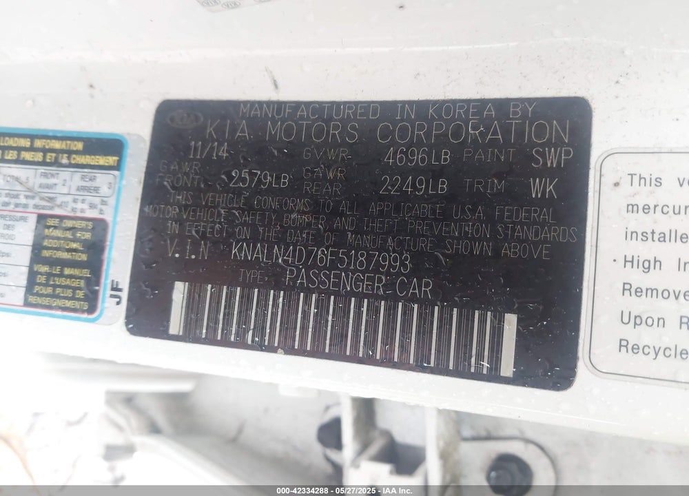 2015 KIA CADENZA VIN: KNALN4D76F5187993