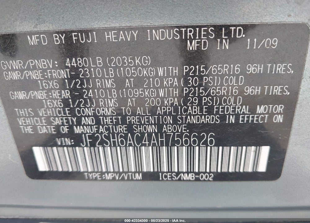 2010 SUBARU FORESTER VIN: JF2SH6AC4AH756626