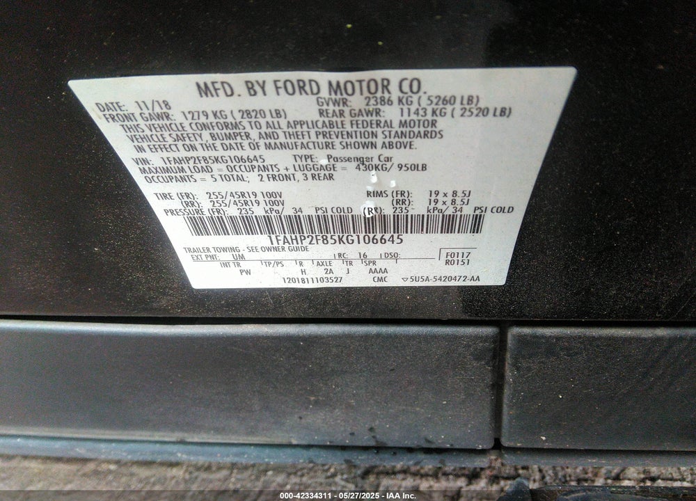 2019 FORD TAURUS VIN: 1FAHP2F85KG106645