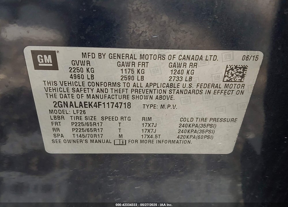 2015 CHEVROLET EQUINOX VIN: 2GNALAEK4F1174718