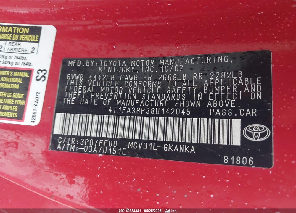 2008 TOYOTA CAMRY VIN: 4T1FA38P38U142045