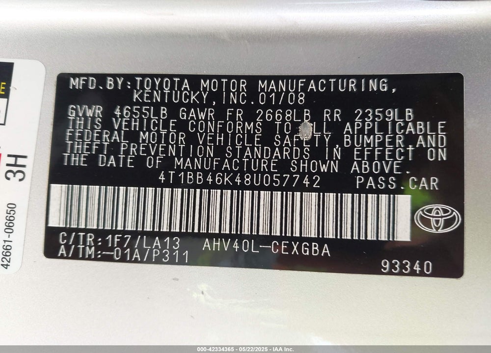 2008 TOYOTA CAMRY HYBRID VIN: 4T1BB46K48U057742