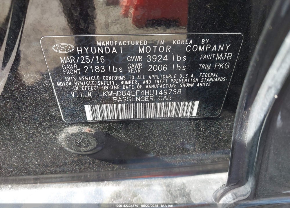 2017 HYUNDAI ELANTRA SE VIN: KMHD84LF4HU149738