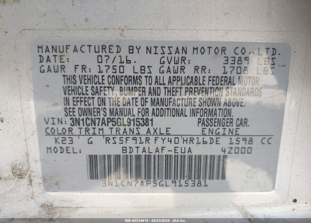 2016 NISSAN VERSA VIN: 3N1CN7AP5GL915381