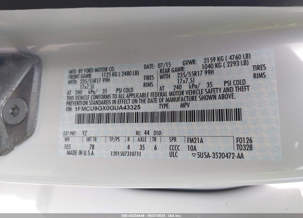 2016 FORD ESCAPE VIN: 1FMCU9GX0GUA43325
