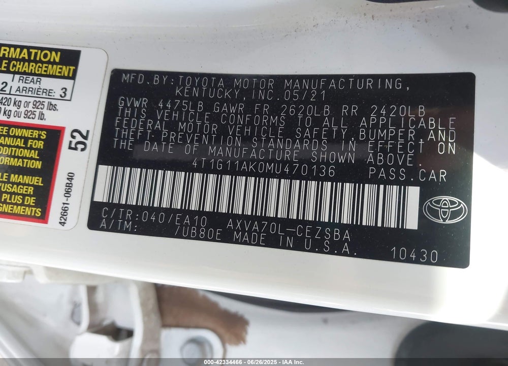 2021 TOYOTA CAMRY VIN: 4T1G11AK0MU470136