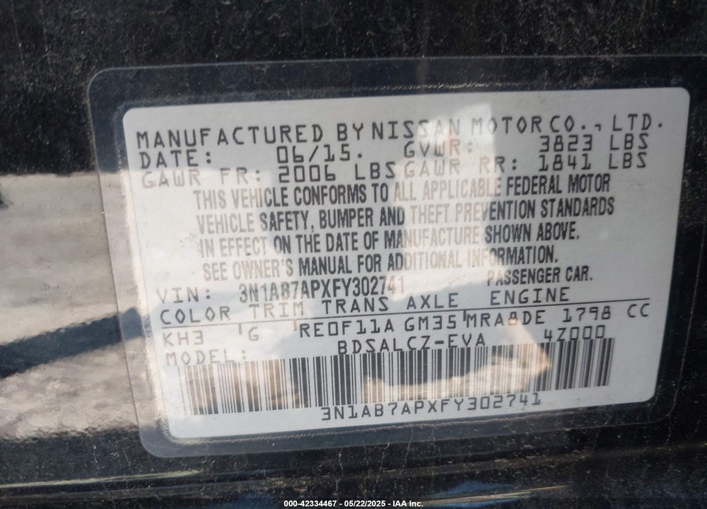 2015 NISSAN SENTRA VIN: 3N1AB7APXFY302741
