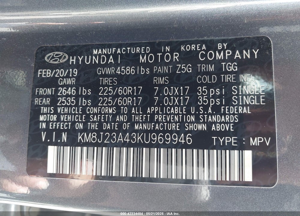 2019 HYUNDAI TUCSON VIN: KM8J23A43KU969946