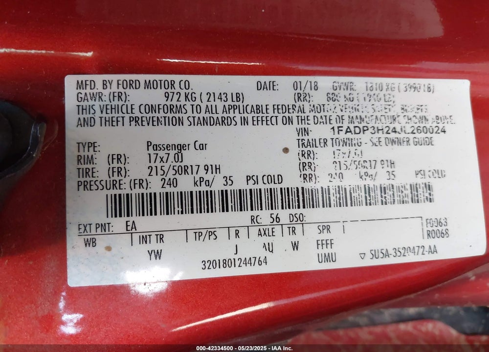 2018 FORD FOCUS SEL VIN: 1FADP3H24JL260024